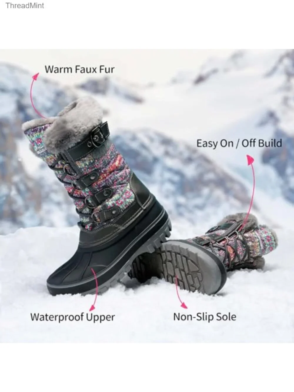Girls Waterproof Snow Boots Faux Fur Lining Winter Boots
